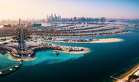 The Palm island panorama with Dubai marina in the background aerial